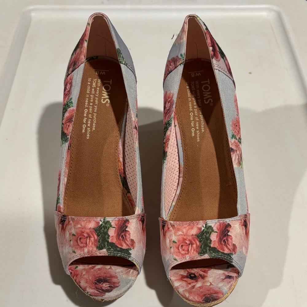 TOMS Floral Peep-Toe Wedges in Pink and Green